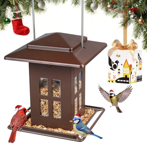 iBorn Bird Feeder for Outdoor Hanging,Metal Bird Feeder Hanging Outside for Cardinal, Double-Sided Hanger Wild Birdfeeder All Metal Constructions, Holds 2.3LB Seed, Bronze,8 Ports - color: Bronze