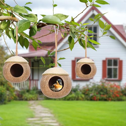 3 Pcs Natural Coconut Bird Hide Nest Hut for Cage with Woven Straw Bird Parakeet Coconut Fiber Hanging Birdhouse Cage Habitats Decor for Parrot Cockatiel Lovebird Finch Squirrel Hamster