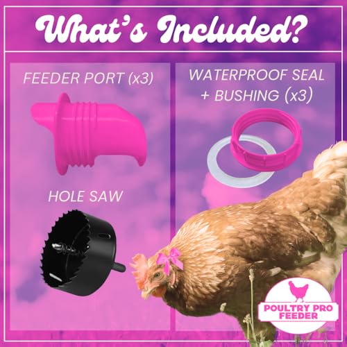 Poultry Pro Hot Chick Feeder Kit, Weatherproof, 3 Ports & Hole Saw | As Seen on Shark Tank, Gravity Fed Chicken Feeder, for Buckets, Barrels, Bins & Troughs, Poultry Feed (Bucket Not Included) - style: Hot Chick Feeder Kit
