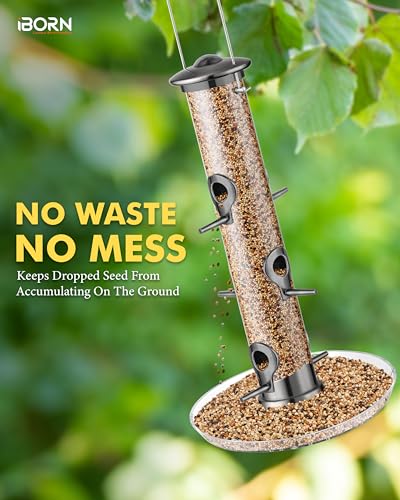 iBorn Bird Feeders Seed Catcher for Outside Hanging 6 Port Bird Feeder for Cardinal Birds Aluminium Metal,Brushed Black Nickel Finishing 14 Inch 6 Port (Seed is not Included) - color: Black, 14 inch, 6 Ports, with Tray