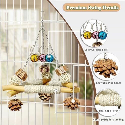 3 in 1 Bird Swing and Climbing Rope Set Triangle Wooden Perch with Bells and Natural Chew Toys Flexible Cotton Rope Ladder and Maraca Toy for Cockatiels Conures and Budgies