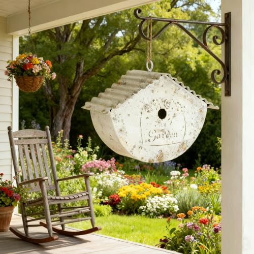 Vintage - Style Decorative Birdhouse, Rustic Metal Bird House with My Garden Distressed Finish, Hanging Bird Home for Garden and Outdoor Decor (White - Garden) - color: White - Garden