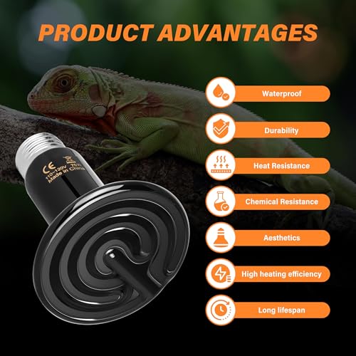 HealSmart Reptile Heat Lamp 75W 2-Pack Ceramic Heat Emitter, No Light Emitting Heat Bulbs for Amphibian Pet Brooder Coop Incubating Chicken, Lizard Bearded Dragon Turtle Snake Terrarium, Black - size: 75 Watts, style: D-75mm (2.95")