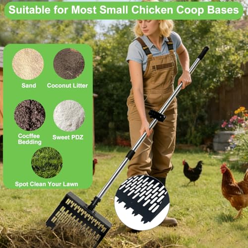Chicken Poop Scooper, 2-in-1 Coop Scoop & Chicken Poop Rake, 12" Wide Sifting Shovel with 25-66" Adjustable Stainless Steel Handle, Heavy Duty Metal Pooper Scooper for Backyard Chicken Coop