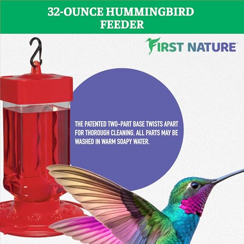 First Nature Hummingbird Feeder - 10 Feeding Ports - Red Base | Wide Mouth Prevents Messy Spills - Sealing Ring Prevents Bottom Leaks - Multi-Port Base Accommodates Flocks - size: 32 Ounce
