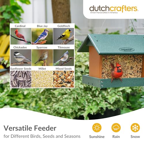 DutchCrafters Poly Hanging Hopper Bird Feeder, Large Hanging Bird Feeder for Outside, Outdoors - Amish American Made (Turf Green & Cedar) - color: Turf Green & Cedar, style: Hanging