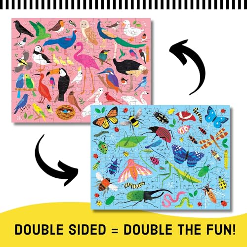 Mudpuppy Bugs and Birds Double-Sided Puzzle, 100 Pieces, 22” x 16.5” – Perfect Family Puzzle for Ages 6+ - Colorful Illustrations of Birds on One Side and Bugs on the Other, Multicolor (0735363749) - style: Bugs & Birds