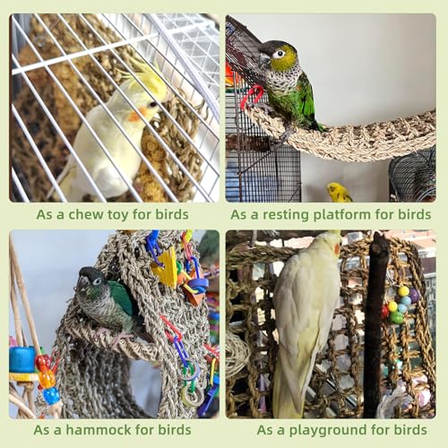 Bird Seagrass Mat 16 × 7" Parrot Natural Grass Woven Net Hammock Parakeet Climbing Rope Ladder Mat Chew Toys Cage Accessories for Pigeon Cockatiel Conure Budgie Cockatoo Rat Hamster - size: 16" × 7"