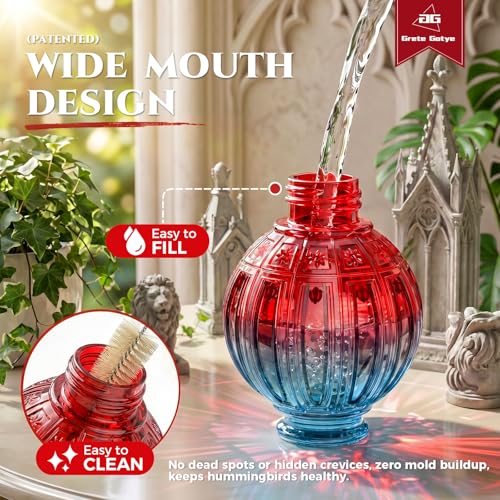 Glass Hummingbird Feeder for Outdoors Hanging, 26 fl oz Bird Nectar Feeder | 5 Metal Flower Feeding Ports, 360° Perch Ring, Easy Refill & Clean, Leakproof, Ideal for Backyard, Garden Decor, Blue & Red - color: Blue-Red Gradient