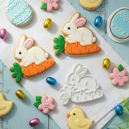 Easter Cookie Cutters Rabbit Carrot 3.5" with Plunger Stamps Handle Spring Holiday PLA Baking Molds Gifts Decorative Party Kitchen Cake Supplies - color: Rabbit Eats Carrot