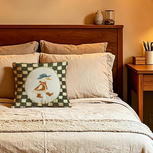 Western Cowboy Goose Nursery Pillow Cover 18x18, Whimsical Farmhouse Country Wild West Goose Retro Checkered Decorative Throw Pillow Cover for Home Nursery Kids Room Bedroom