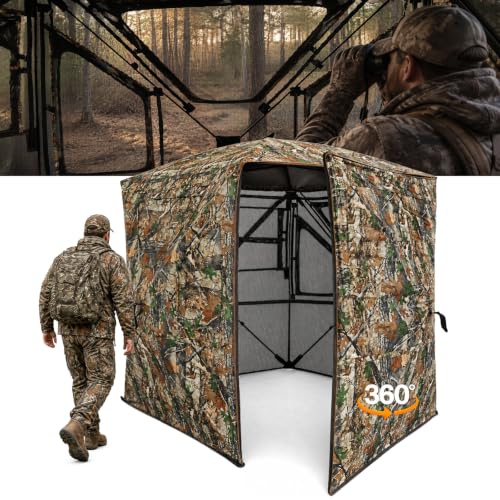 Hunting Blind See Through, Pop Up Ground Deer Blind, Large Door | 270/288/360 Degree See Thru, 1/2/3/4 Person Hunting Camouflage Tent, With/Without floor, Swing/Diamond/Horizontal Door Design - size: 3-4 Person, style: 360°/Swing Door