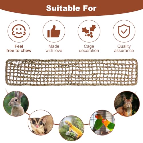 39.34 x 7.08 Inch Large Seagrass Mat for Birds with 5 Hooks, Bird Cage Accessories, Natural Grass Woven Bird Net Hammock Mat, Climbing Rope Ladder Chew Toys
