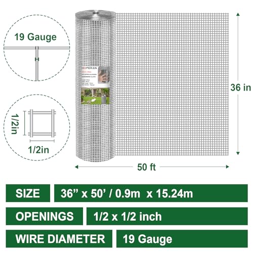 HOPERAN Hardware Cloth 1/2 Inch 36 x 50 ft, 19 Gauge Chicken Wire Fencing | Hot Dipped Galvanized After Welding, Rust resistant, Heavy-duty, for Garden Fencing Gopher Wire Rabbit Cage Poultry Netting - size: 1/2" 36in × 50ft