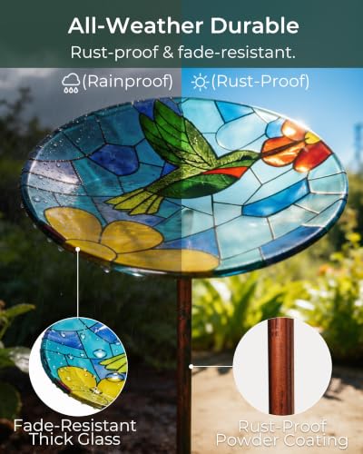Glass Bird Bath Small Birdbath for Garden Decor, Blue | 10.6" Bowl, 26" Height 4-Prong Stable Stake Easy to Clean Outdoor Bath or Feeder for Hummingbirds & Small Birds, Handcrafted