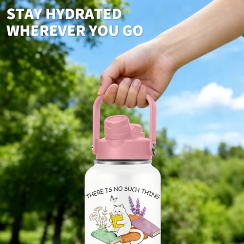 Cats Gifts for Women, 26oz Water Bottle with Handle for Girl Friends | Stainless Steel Insulated Tumbler with Handle & Lid, Bookish Birthday Gifts for Readers, Coffee Mug Insulated Travel Cup - color: Book-White