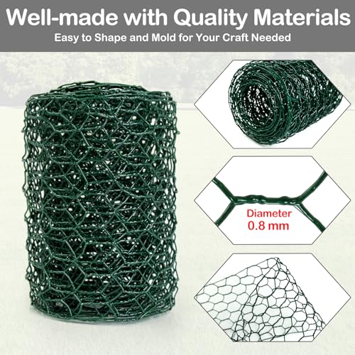 Chicken Wire 4in x 118in with a Pair of Gloves，1 Wire Cutter，50 Pcs Cable Zip Ties, Floral Chicken Wire Mesh 0.8mm Hexagonal Galvanized PVC Coated Garden Netting Fence for Craft Poultry Garden - size: 4in x 118in