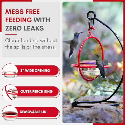 Hummingbird Feeder for Outdoors Hanging, 3.4 OZ Hummingbird Feeders, Glass Bowl with 4 Feeding Ports, Leak Proof Lid & Circular Perch, Bird Feeder (1, Red) - color: Red