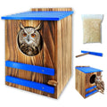 Screech Owl House for Outdoors,10"x10"x15" Large Carbonized Wood Barred Owl Nesting Box, Weather-Resistant Bird House with Blue Roof, Ventilation & Replaceable Perch, Garden Wildlife Habitat Gift