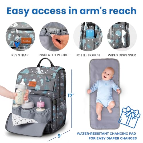 Baby Diaper Bag Backpack - Backpack Diaper Bag w/Large Capacity - Baby Shower Gifts - Waterproof Travel Diaper Bags w/Changing Pad, Insulated Bottle Holders, Padded Straps - Baby Boy Stuff - color: G. Ocean, style: Classic