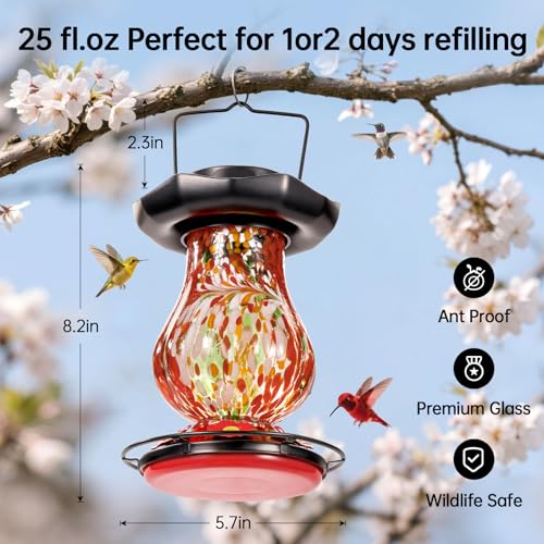 DesGully Solar Hummingbird Feeder for Outdoor - 25 fl.oz Hand Blown Glass Hummingbird Feeders for Outdoors Hanging, Large Capacity with Moat, 6 Colors Changing Light Outside Garden Decor (Red) - color: Red