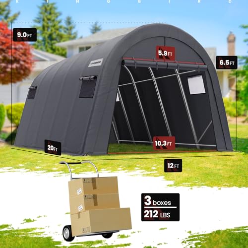 KING BIRD 12' x 20' Round Carport Heavy Duty with Roll-up Ventilated Windows for SUV, Full-Size Truck and Boat, Car Canopy Outdoor Boat Shelter with Reinforced Ground Bars - size: 12'X20’
