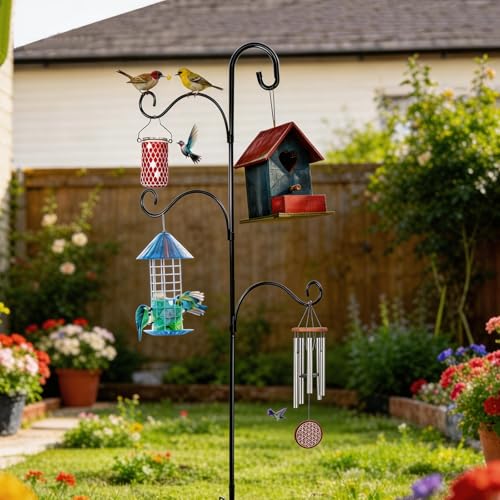 Bird Feeder Pole Heavy Duty 76" Adjustable Shepherd Hook, 5-Prong Ground Stake Rustproof Outdoor Garden Stand for Plants Hummingbird Feeder Lantern Wind Chime - No Digging