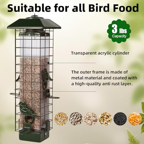 Squirrel Proof Bird Feeder, Metal Mesh Bird Feeder for Outside, Large Capacity and 4 Ports Perches (Green) - color: Green