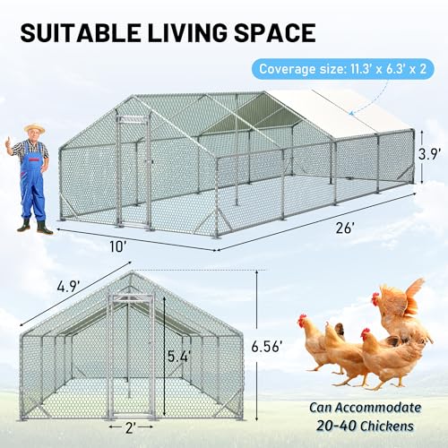 Metal Chicken Coop 26x10x6.56ft Extra Large Walk-in Poultry Cage for 20-40 Chickens Chicken Run Hen Rabbit Duck House with Waterproof Cover for Outdoor Farm Use - size: 312.0"L x 120.0"W x 78.7"H