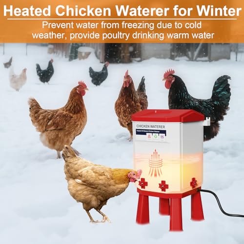 Heated Chicken Waterer 1.9 Gal, Winter, Freeze Proof Chicken Waterer, 4 Nipples for Clean Water，Detachable Legs, Adjustable Height for Chickens, Pigeons, Beaked Poultry