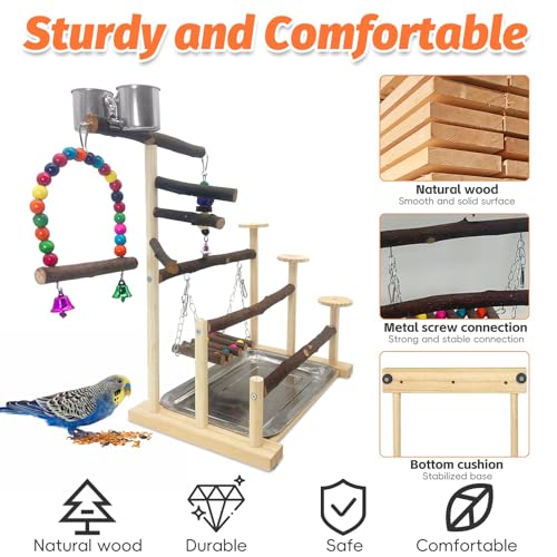 Kathson Wood Bird Playground Parrot Play Stand Bird Stand with Feeder Cups Birds Perch Stand with Ladder Hanging Swing Chewing Toys Conure Cage Accessories for Parakeet Conure Lovebird Cockatiel - size: Three floors