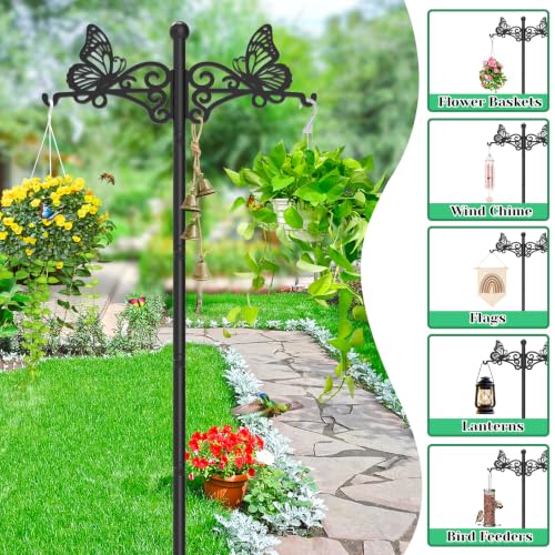 2Pcs Double Shepherds Hooks for Outdoor, 88" Adjustable Heavy Duty Bird Feeder Pole with 5-Prong Base & Butterfly Design, Shepherds Hooks for Garden Wedding Hanging Plant Lantern Wind Chime - color: Black-2