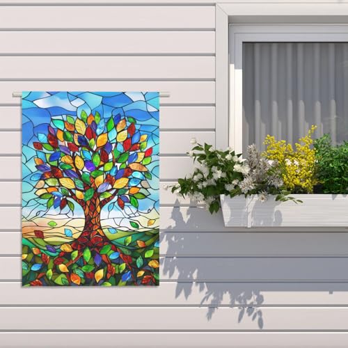 Stained Glass Tree Life House Flag 28 x 40 Double Sided for Outside Large Seasonal Garden Flags Spring Summer Fall Banner Outdoor Lawn Decoration - color: glasstree