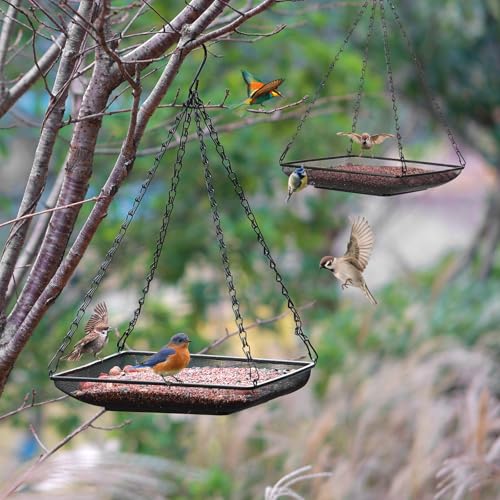 Hanging Bird Feeder Tray 11x11 Inches, Metal Mesh Platform Seed Feeder with Durable Chains for Outdoors Outside Great for Attracting Wild Birds, 2 Pack - size: 11"*11"-2pack