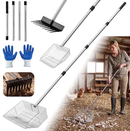 5 Pcs Chicken Poop Scooper Set with Gloves 3-in-1 Manure Scoop with Iron Shovel Rake Combo & 4 Section Adjustable Stainless Steel Handle Sand Sifting Litter Scoop for Chicken Coop Farms Goat