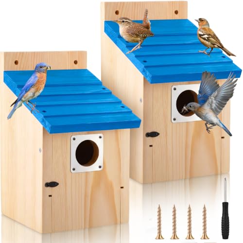 Dreyoo Bluebird Houses for Outside, 1-1/2” Entrance Hole Wooden Bird Houses for Outdoor with Metal Predator Guard, Secure Latch, Fledgling Grooves, Air Vents(Blue Roof, Wood Body) - color: Blue Roof, Wood Body