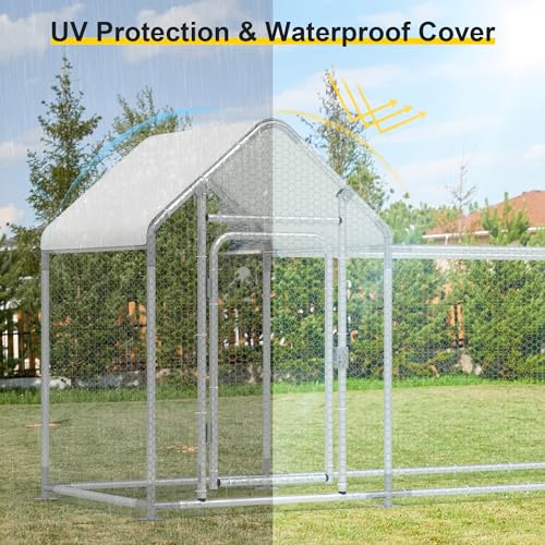 Metal Chicken Coop, Walk-in Chicken Run with Waterproof & Anti-UV Cover Poultry Cage Spire Roof with Lockable Door Chicken Hen House for Duck Rabbit Outdoor Farm - size: 113.5"L x 39.5"W x 59.0"H