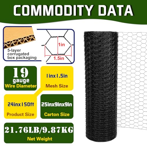 Premium Black Chicken Wire Fencing 24inx150ft, PVC Coated Chicken Wire, Poultry Netting, Galvanized Chicken Wire Barrier for Floral Arrangements/Craft Projects/Pet/Rabbit - color: Black, size: 24inx150ft
