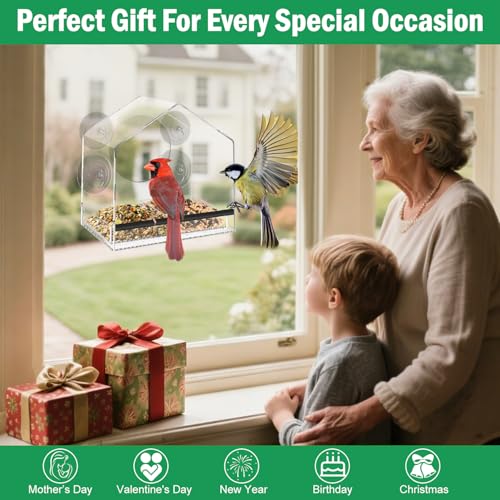 Window Bird Feeder with Strong Suction Cups - Removable Tray | Extra deep 4.35" detachable tray, 2.36" heavy duty suction cup, clear bird feeder for window, fits finches, cardinals - color: Clear, size: 4.35IN