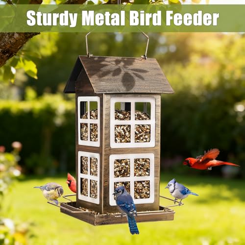 Bird Feeder, Waterproof Bird Feeders for Outdoor Hanging | Heavy Duty Metal, 6LB Large Capacity, 4 Perches, Drain Holes, For Outside Garden Yard Country Hanging, House Shape - size: Vertical