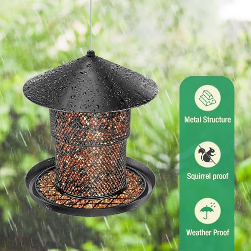 Bird Feeder for Outdoor Hanging, No Mess No Spill and Squirrel Proof Feeder | Squirrel Proof Bird Feeder with Catch Tray - Large Capacity All-Metal for Outside Hanging