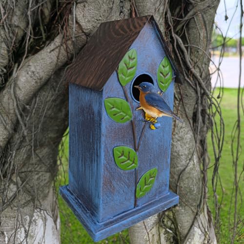 Metal Bird House for Outside - Elegant & Durable Hanging Birdhouse with Rustic Brown Roof & Vibrant Blue Design - Includes S-Hook for Easy Hanging (23.46in Tall)