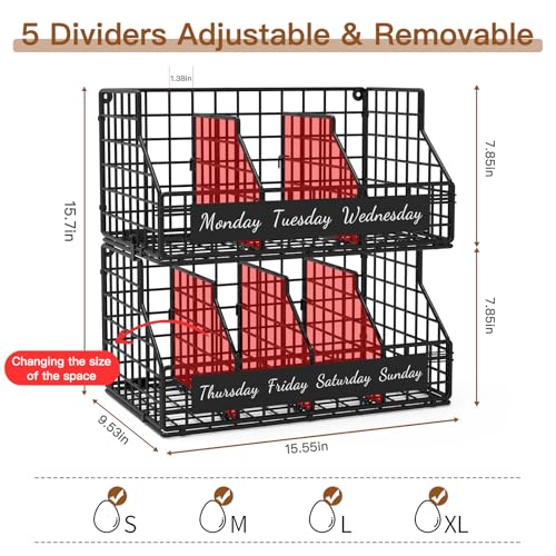 Egg Basket, Stackable Wall Mount Egg Holder Countertop with Weekday Labels | Rustproof carbon steel basket with adjustable dividers, ideal for backyard poultry, small kitchen & pantry storage, Black - color: Black, size: 2-Tier（with printed labels）