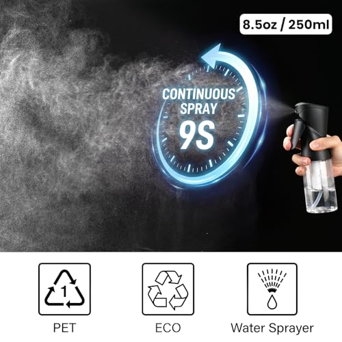 Spray Bottles 250ml/8.5oz 2 Pack Continuous Spray Bottle, Black | For Hair, Refillable, Fine Mist Sprayer, Water Spray Bottles For Cleaning Kitchen Hair Care Skin Toner - style: B-black 2PCS