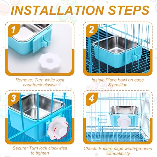 Crate Dog Bowl, Removable Stainless Steel Pet Cage Hanging Anti-Overturn Food Water Feeder Cage Cup (2Pcs, Square, Yellow/Pink, 17.7oz), Intended for Puppies/Cat/Rabbit/Bird - color: Yellow/Pink, size: 5.7"(17.7oz)