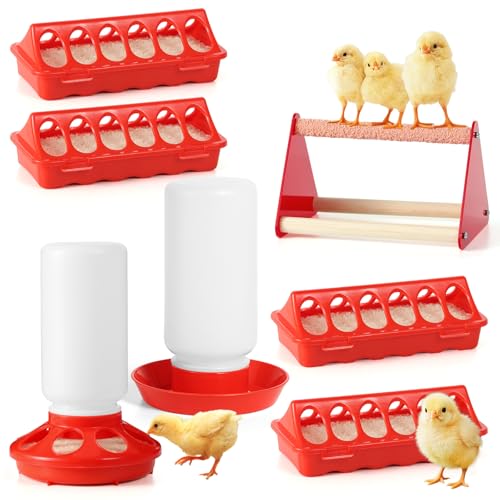 7PCS Chick Feeder and Waterer Kit with Wooden Perch,Baby Poultry Starter Set with Chick Perch for Small Poultry Chicks Ducks Quail Pigeons Birds(Red Chick Feeder Waterer Kit) - color: 7PCS Chick Feeder and Waterer Kit with Chick Perch
