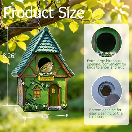 Resin Green House Hanging Bird House for Outside, Hand-Painted Resin Birdhouse with Flower & Vine Details, Weatherback Bird Hut for Garden, Patio, Tree Decor, Bird Nest for Small Wild Birds