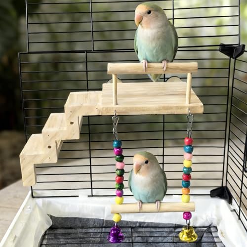 Bird Perch Platform with Ladder & Swing,Parrot Wooden Play Gym Cage Toys | Bird Wood Playing Exercise Stands Perches,Parakeet Climbing Ladder Playground Cage Accessories for Cockatiel Budgie Lovebird - size: Bird Perch Platform with Ladder Swing