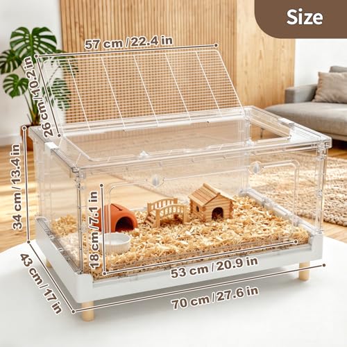 Hamster Cage 13.4" Low Profile Cozy Dwarf Hideout Castle | 470 Sq In roomy floor, frosted rear privacy panel, 2.5" base tray, bookshelf fit draft protection, 5-min foldable frame - size: 27.5"L x 16.9"W x 13.4"H