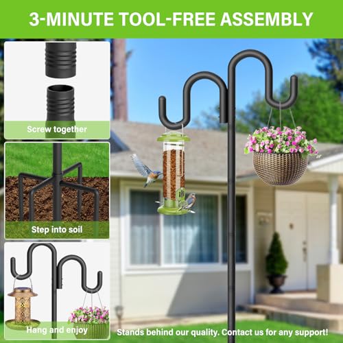 Double Shepherd Hook for Outdoor, 76" Heavy Duty Bird Feeder Pole with 5-Prong Base, Adjustable Thickened Shepherd Hook for Bird Feeder, Flower Baskets, Solar Lights, Lanterns, Black, 2 Pack - size: 76"
